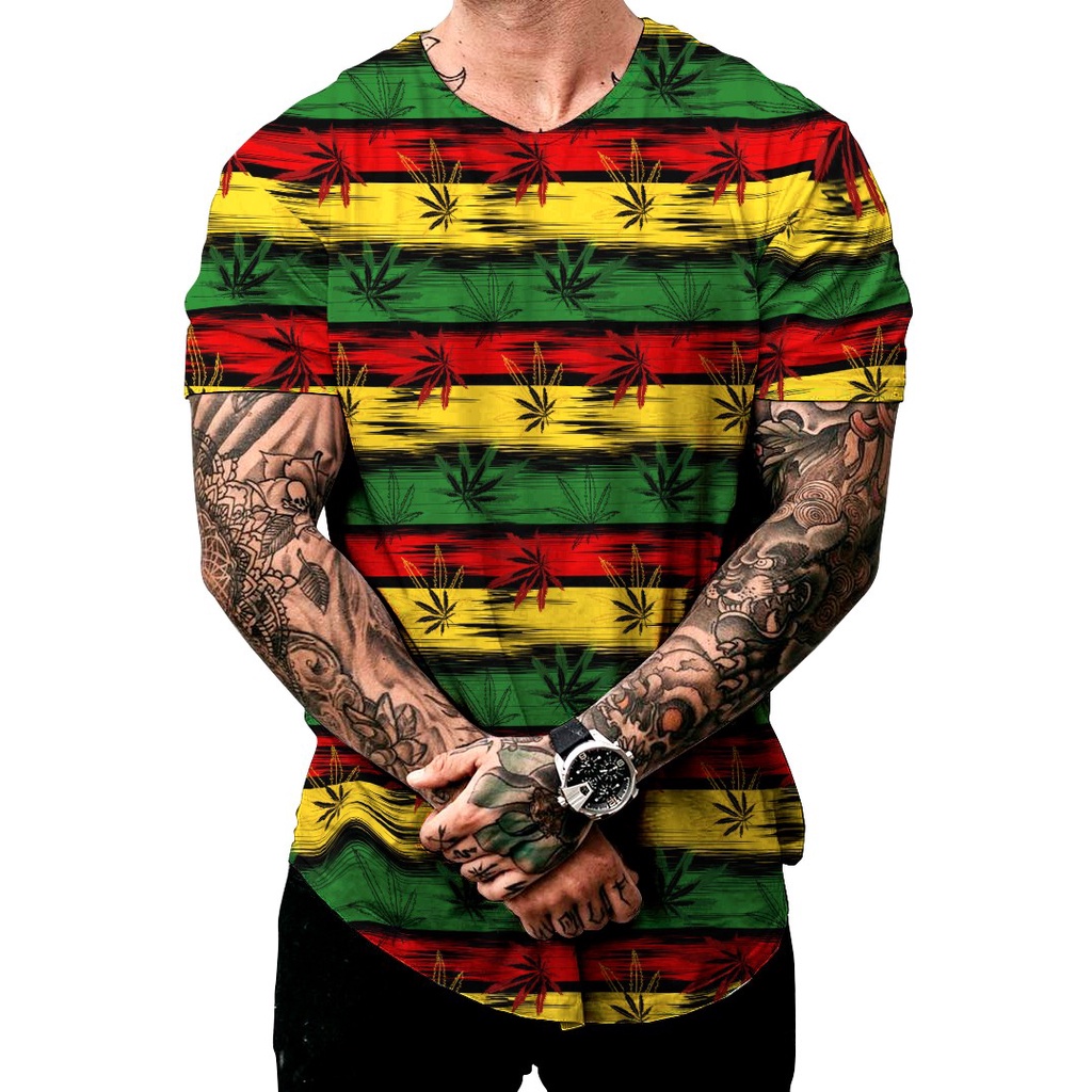 Camiseta Roupas Masculinas Longline Ervinhas Listrada Reggae Bob Marley