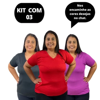 kit 3 Blusas Plus Size Feminina Canelada Manga Curta Malha Premium Tamanho Grande
