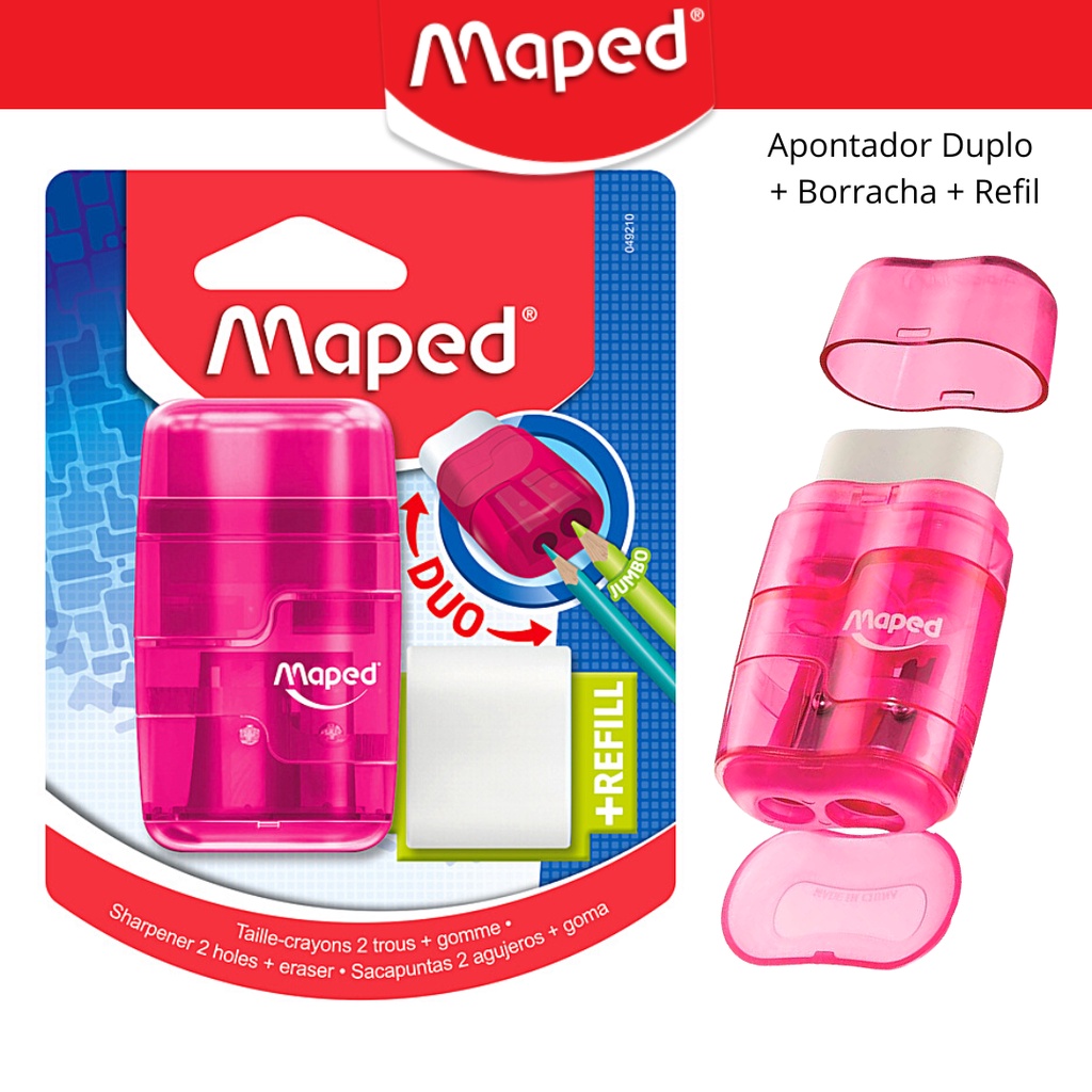 Apontador Dois Furos + Deposito + Borracha + Refil - Maped | Shopee Brasil