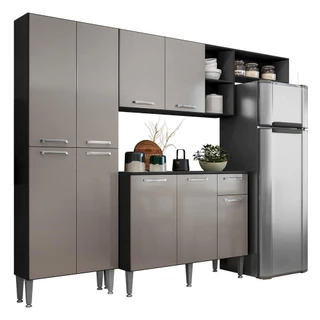 Cozinha Compacta Multimóveis Pequim FG2933 com Armário e Balcão Preta/Lacca Fumê