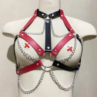 Harness Sutien Vermelha e Preta com Corrente Trançado Gotic Couro Sintético