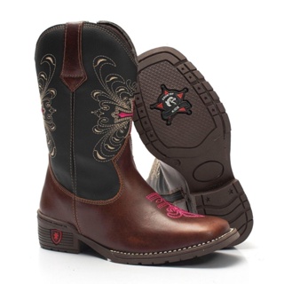 Bota Texana Country Flora Infantil Cano Longo de Couro Legitimo