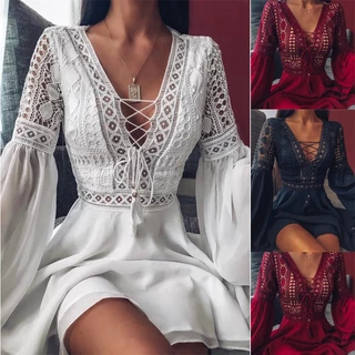 Mini Vestido Curto Feminino Flare Manga Longa Chiffon Renda Oca Fora Atadura Branco Preta Vermelha