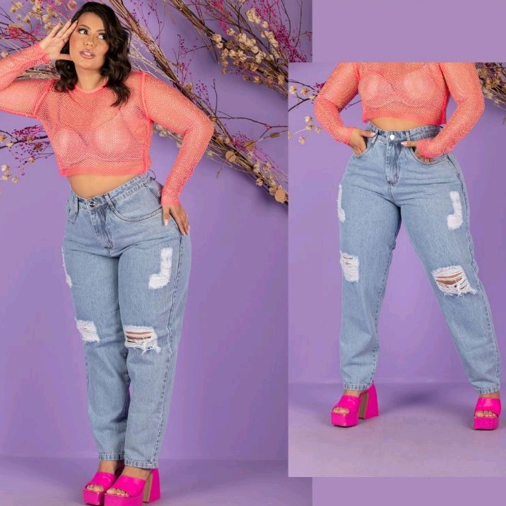 Calça Feminina Jeans Plus Size Mom Cós Alto Tamanho Grande