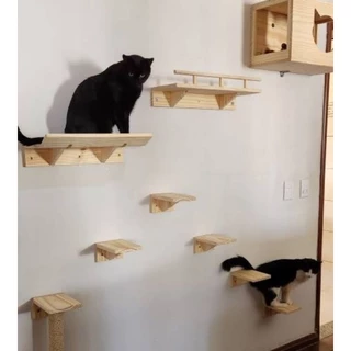 Playground de Gatos Grandes kit Ouro Jumbo Parquinho com Arranhador Degraus Ponte Caminha Suspensa Nicho 55cm em Madeira Maciça