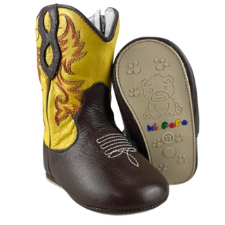 Bota Country Texana Infantil Baby Ki-Fofo Original Marrom e Amarelo Sola de Borracha