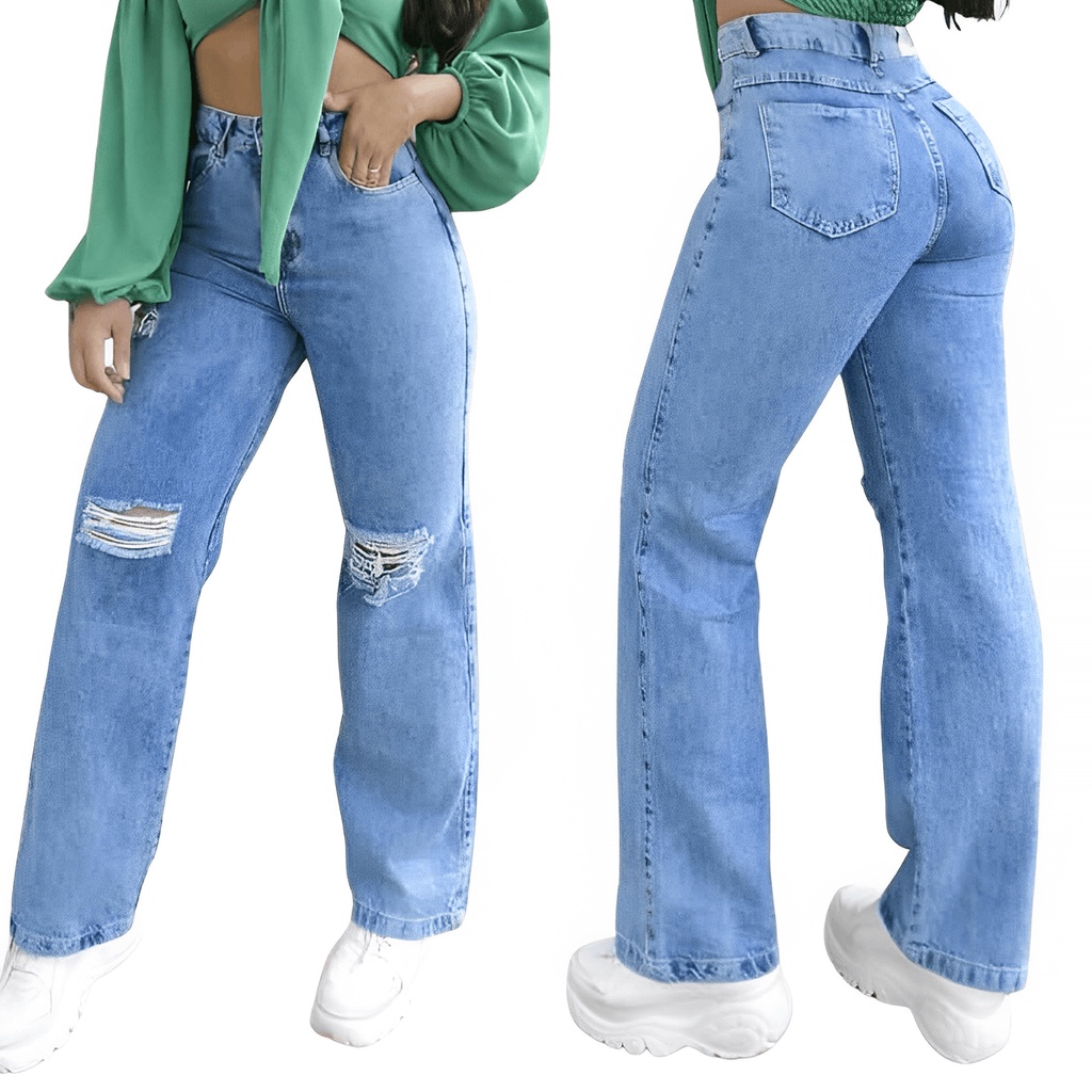 Jeans de cintura alta com gola alta e sino  Pants for women, Women jeans,  Wide leg pants jeans