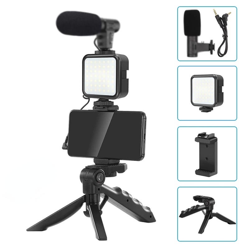Kits De Fotografia Led Video Light + Microfone + Tripé Dobrável + Suporte Telefônico Com Controle Remoto Para Vlogger