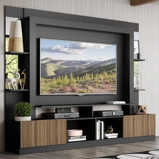 Rack c/ Painel TV 65" Prateleiras c/ Espelho Oslo Multimóveis Preto/Madeirado