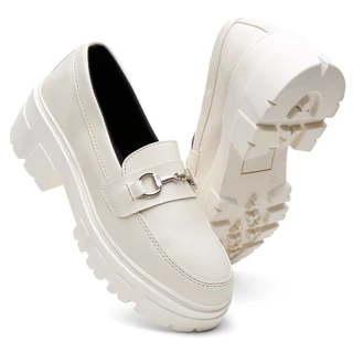 Mocassim Feminino Tratorado Corrente Bridão Off white Estiloso