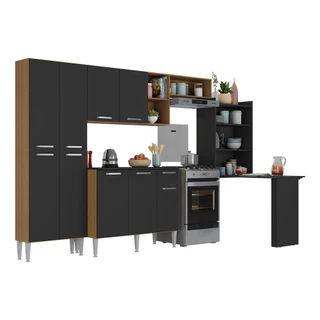 Cozinha Completa c/ Mesa Dobrável Paris Multimóveis MP2042 Madeirada/Preta