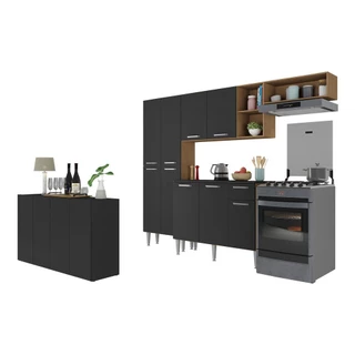 Cozinha Completa c/ Buffet/Aparador Paris Multimóveis MP2043 Madeirada/Preta