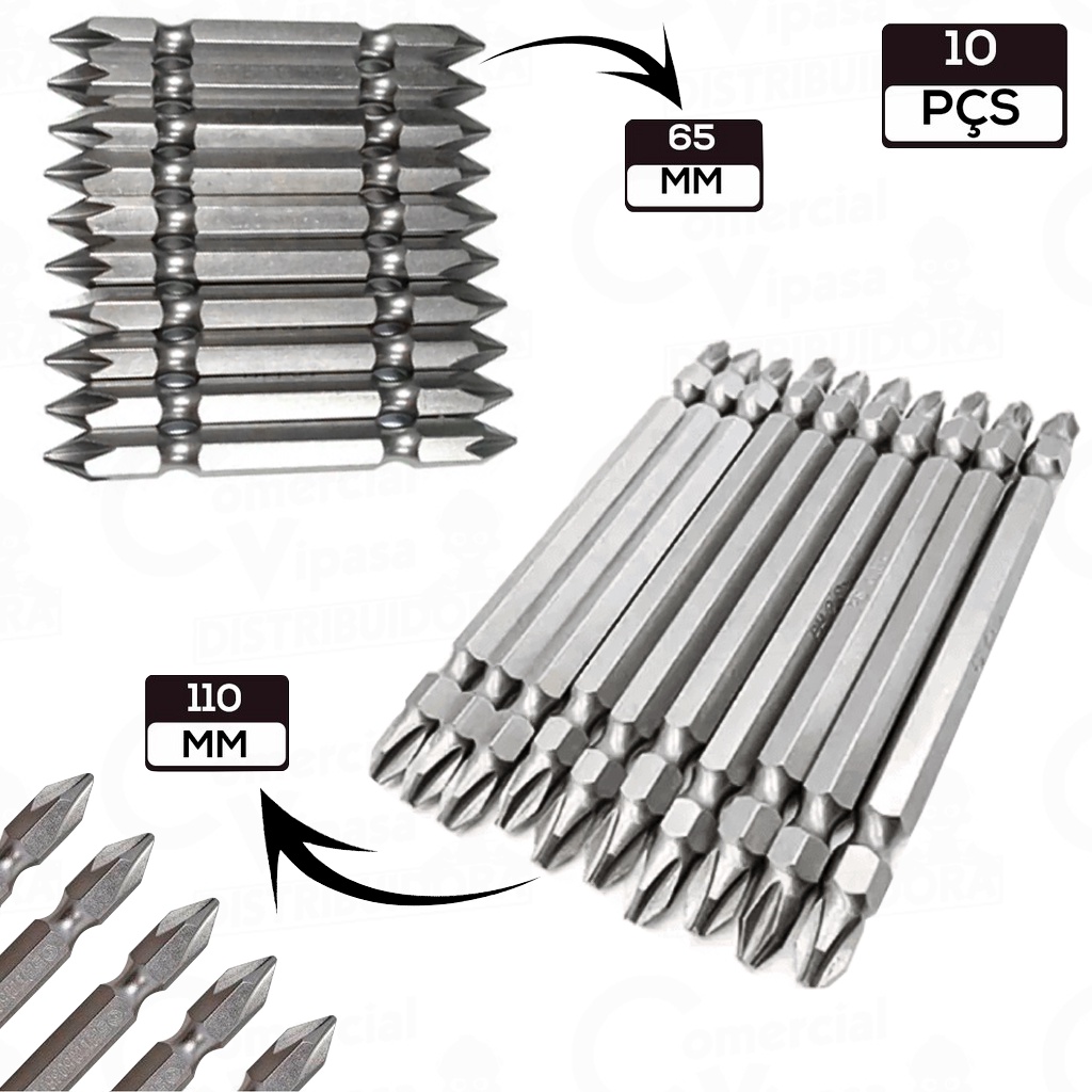 Jogo kit de Bits Para Parafusadeira Imantada Com 10 Pontas Phillips - Philips 65mm / 110 mm