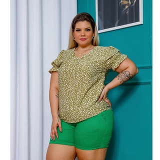 Blusa Plus Size Feminina Estampada Com Botões Manga Curta Verão 3RD SD098