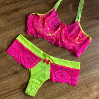 Lingerie Sexy Neon Bicolor Microfibra com Detalhes de Renda