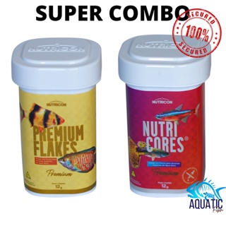 SUPER COMBO Ração Para Peixes Nutricores Flocos 12g + Premium Flakes 12g Nutricon - Aquário Comunitário