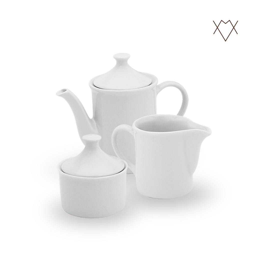 Kit Café Chá com Bule 650ml Leiteira 350ml e Açucareiro 250ml Porcelana Branca Louça