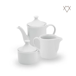 Kit Café Chá com Bule 650ml Leiteira 350ml e Açucareiro 250ml Porcelana Branca Louça