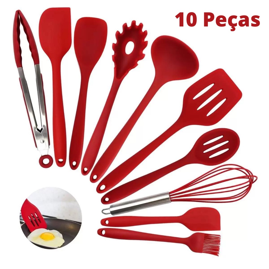 Jogo 10 Colheres De Silicone Cabo Inox Utensílios Cozinha Kit Black Friday