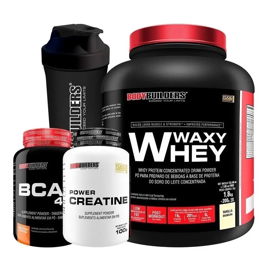 Kit Waxy Whey 2kg + BCAA 4.5 100 gr + Power Creatine 100g + Coqueteleira – Bodybuilders