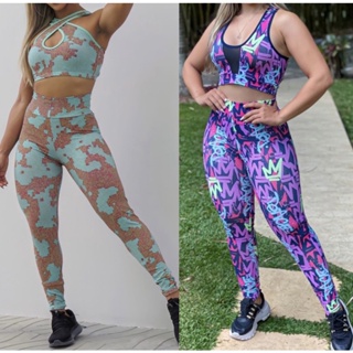 KIT 2 conjuntos de academia fitness feminino legging e top cropped no tecido suplex moda blogueira conjunto de treino para malhar