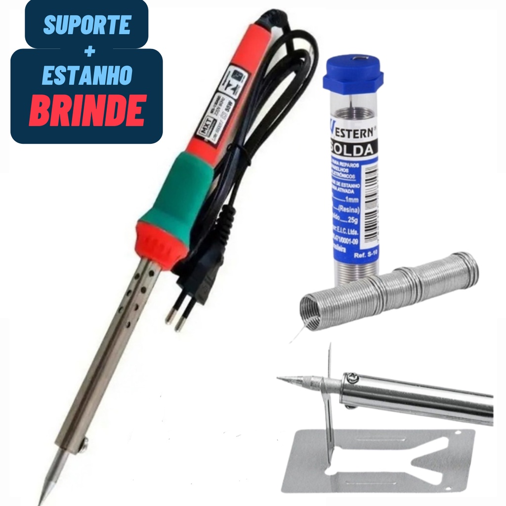 Kit Ferro De Solda Soldar Soldador 55w + Estanho e Suporte Inmetro ...