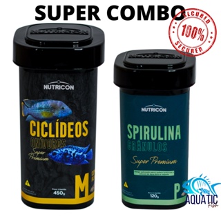SUPER COMBO Ração Peixes Ciclídeos Onívoros C/alho M 450G + Spirulina granúlos 120g Nutricon SUPER PREMIUM