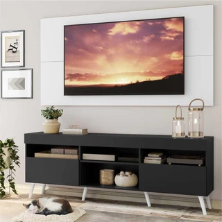 Rack com Painel e Suporte TV 65" Londres Multimóveis Pés Retrô e 2 portas Preto/Branco/Branco