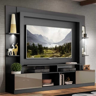 Rack Estante c/ Suporte TV 65" e Leds Berlim Multimóveis Preto/Lacca Fumê