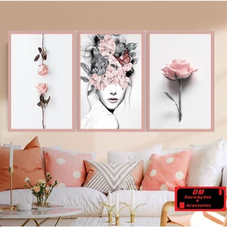 Quadros Rosa Mulher Flores Rose Moderno para Salão Beleza 3 Peças 60x120 cm