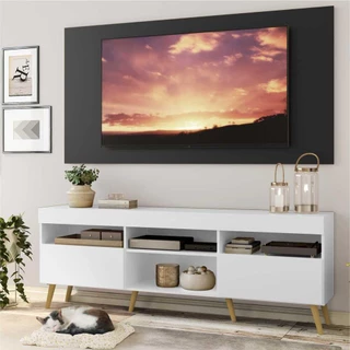 Rack com Painel TV 65" Londres Multimóveis Pés Retrô e 2 portas Branco/Preto/Natural