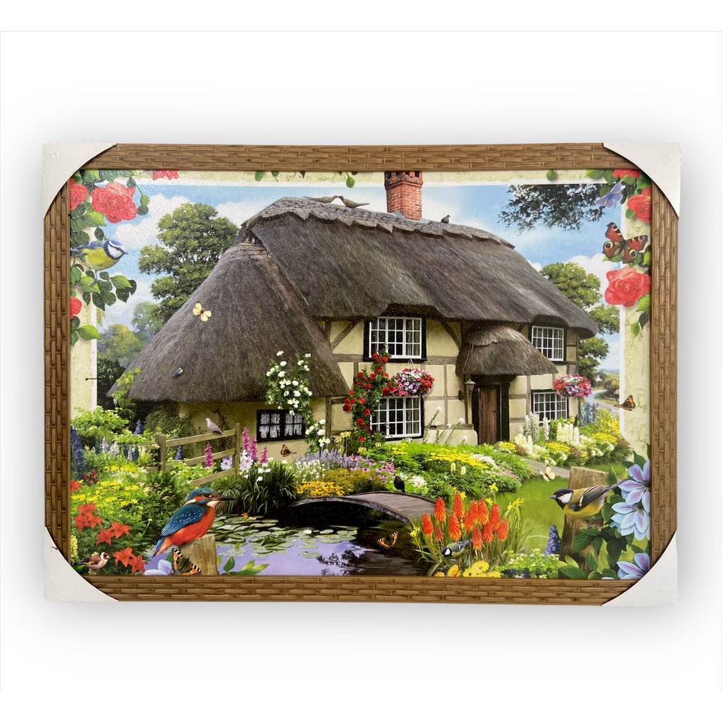 Quadro Decorativo Paisagem Casa Palha Ponte Pássaros 50x70Cm