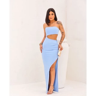 Vestido longo colado com fenda tomara que caia abertura lateral elegante festas