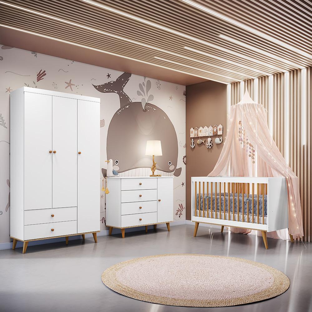 Quarto de Bebê Retrô com Colchão Guarda Roupa 3 Portas com Gavetas ...