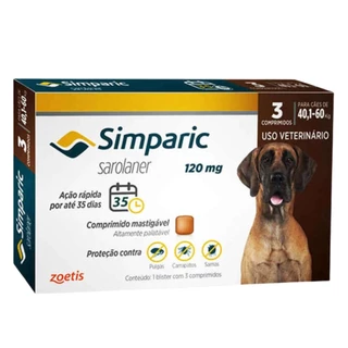 Simparic de 40,1kg a 60kg antipulgas e carrapatos para cachorros com 3 comprimidos 120mg Zoetis