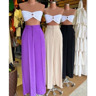 Calça Pantalona Wide Leg Duna Bolso Lateral Botão Moda Tendência 2023 P.M.G.GG Verão Blogueira