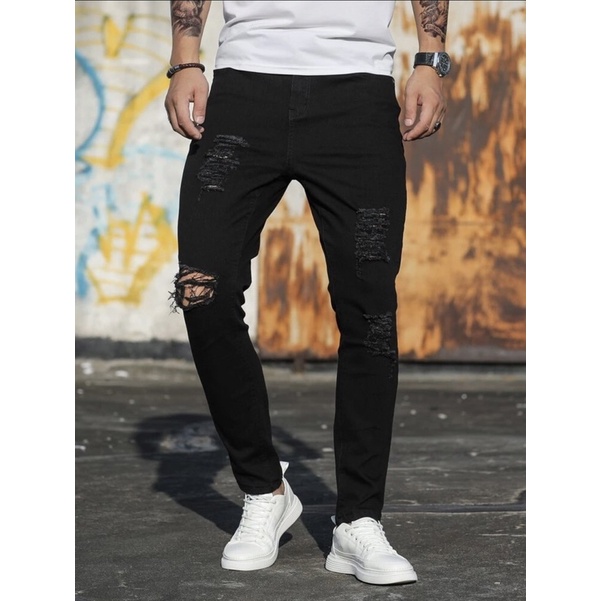 Calça Jeans Skinny Masculina Rasgada Lycra Preto