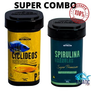 SUPER COMBO Ração Peixes Ciclídeos Onívoros C/alho P 110G + Spirulina granúlos 50g Nutricon SUPER PREMIUM