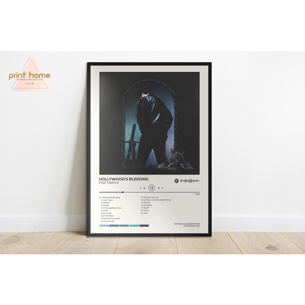 Quadro Placa MDF Spotify Capa Álbum Post Malone Hollywood's Bleeding