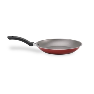 Frigideira antiaderente vermelha com 22cm de diâmetro.
