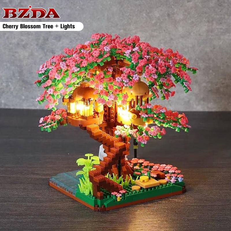 Roxo Sakura Casa da árvore Building Block Cerejeira Blossom Modelo Blocos  de construção Diy brinquedos para crianças brinquedo para presente