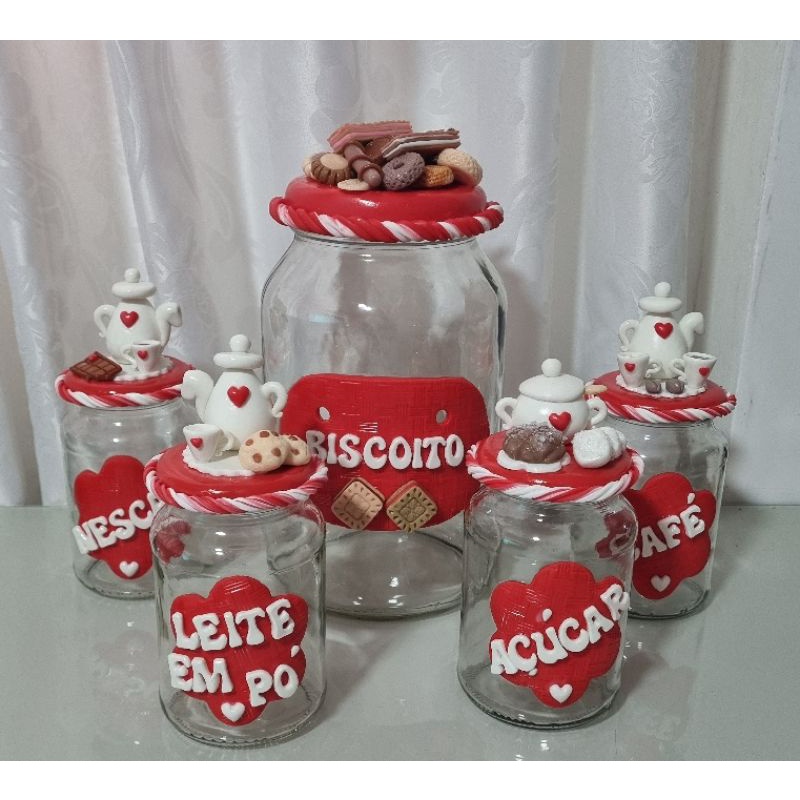 Pote vermelho para cozinha - kit para cozinha vermelho - pote biscoito café açúcar leite em pó decorado em biscuit