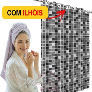 Cortina PVC Para Box Banheiro 3D Pastilhas Preta Com Ilhós Antimofo 138x198 Envio Hoje!