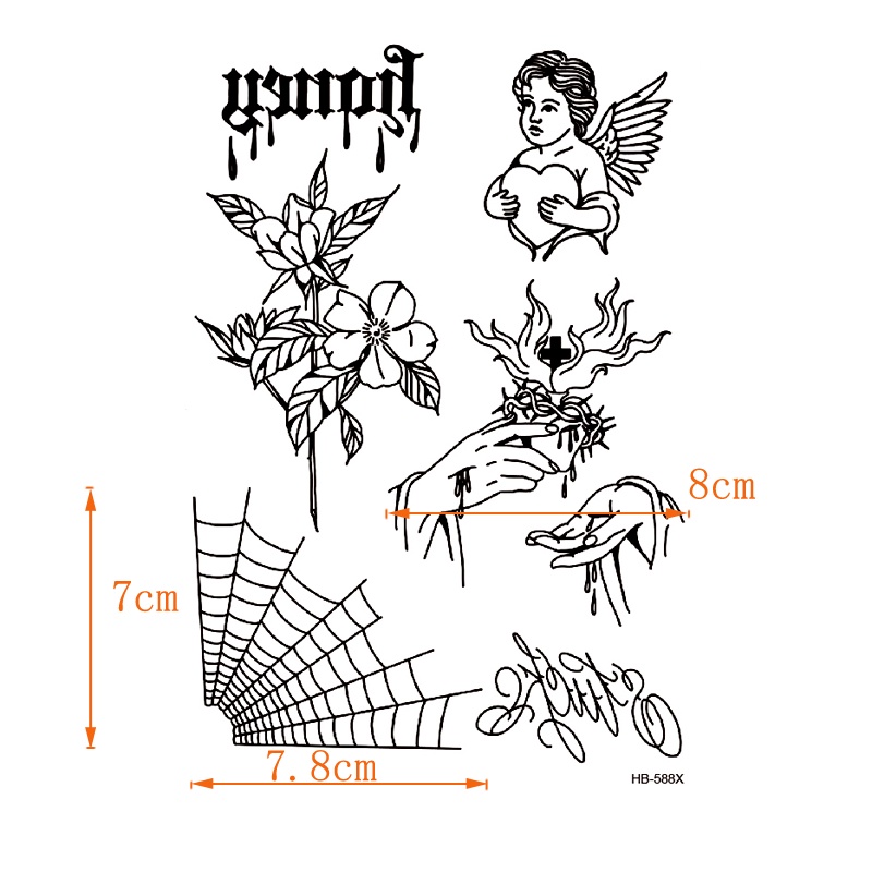 06 Tatuagens Temporária Flor Teia De Aranha Coração Jesus - HB-588X