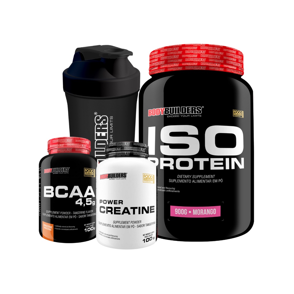 Kit Suplemento de Proteína Isolada Iso Protein 900g + BCAA 4,5 100g + Power Creatina 100g + Coqueteleira – Bodybuilders