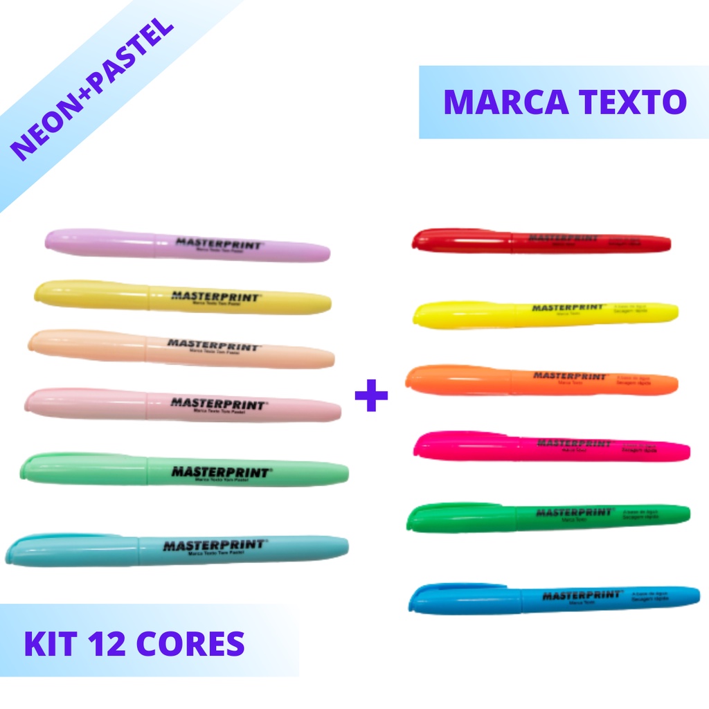 Caneta Marca Texto Kit 6 Neon + 6 Pastel Masterprint