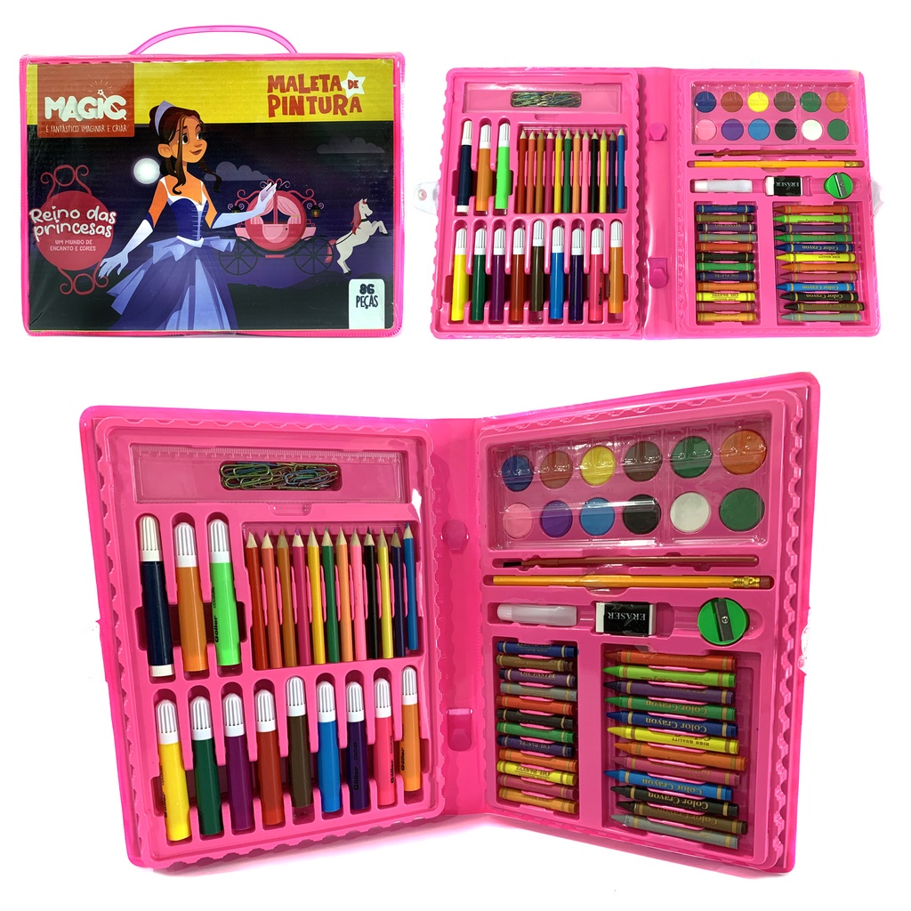 MALETA ESCOLAR KIT PINTURA INFANTIL 86 PECAS CANETINHAS GIZ DE CERA ...