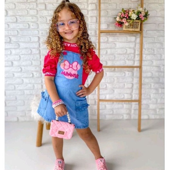 Vestido Jeans Infantil Minnie com Blusinha manga Princesa da Minnie. Verão Menina Moda Blogueirinha