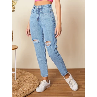 Jeans skinny de cintura alta com detalhe no joelho rasgado jeans de moda feminina de corte moderno