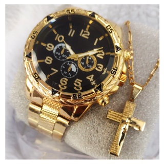 Conjunto relógio masculino + corrente cruz e pulseira banhado a ouro 18k